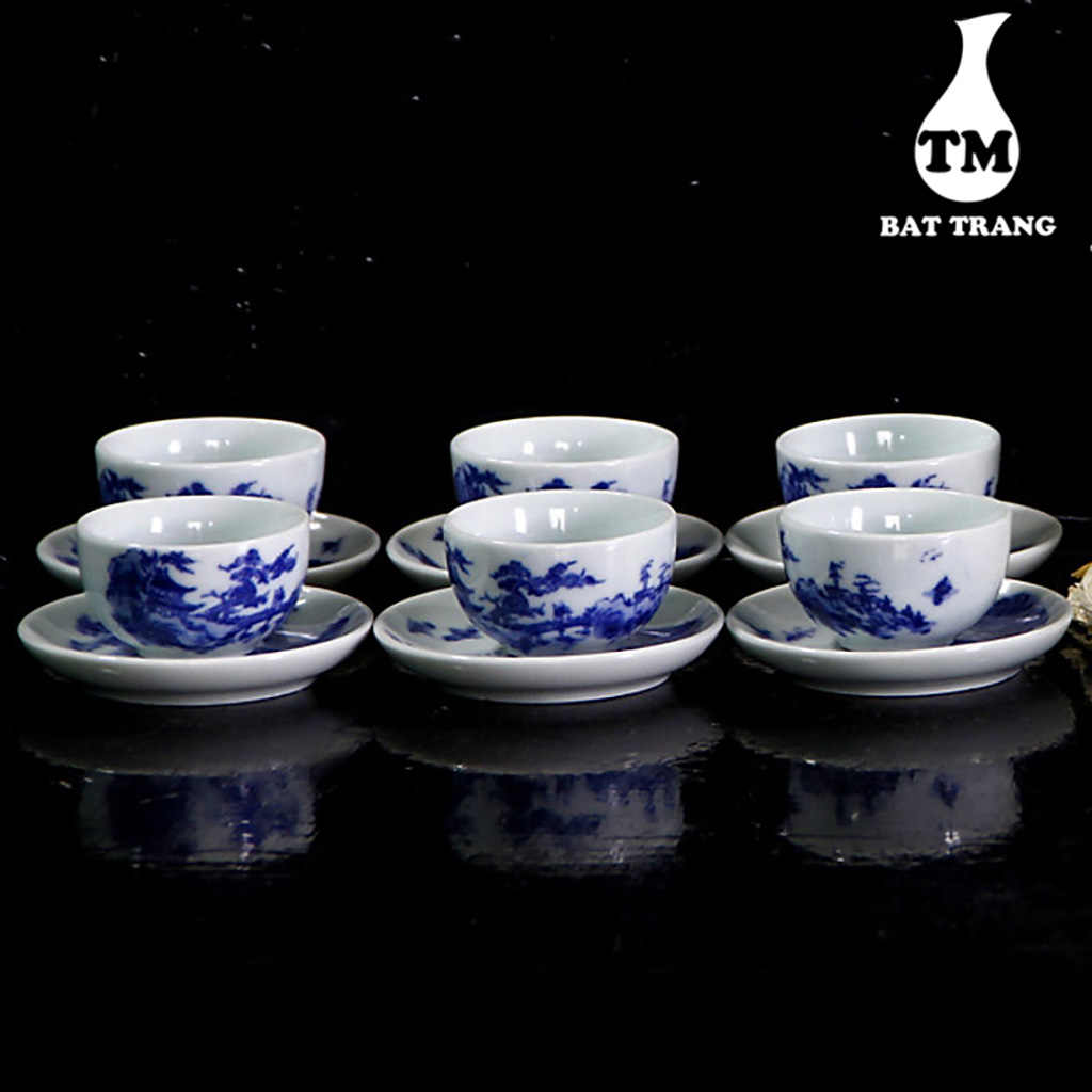Bộ Ấm Trà Hoa Nhài Men Lam Vẽ Trúc Lâm Thất Hiền, Bộ Ấm Chén Trà Đạo Xưởng Gốm TM