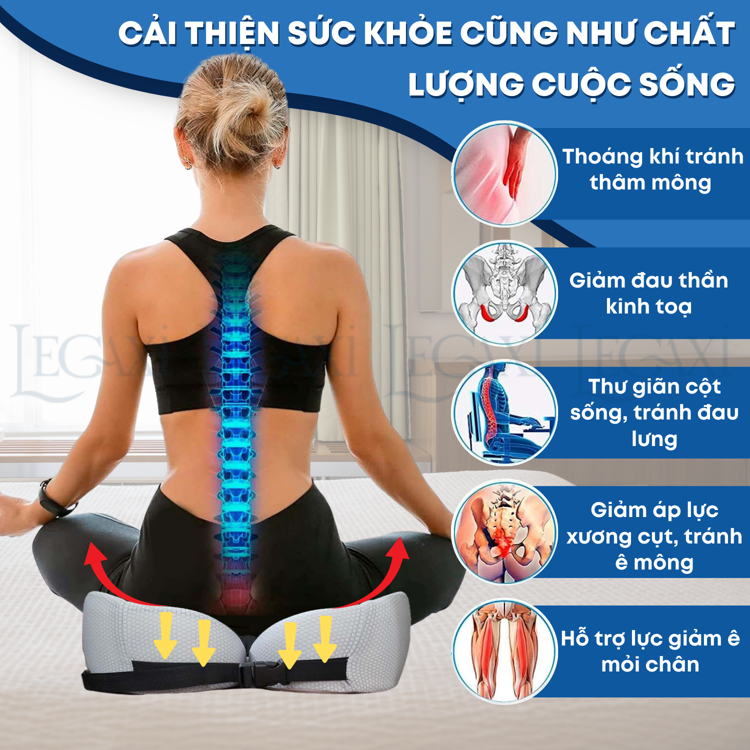 Đệm ghế, nệm ngồi công thái học dày văn phòng ruột cao su non giảm thâm mông trĩ đau mỏi cho người ngồi lâu Legaxi