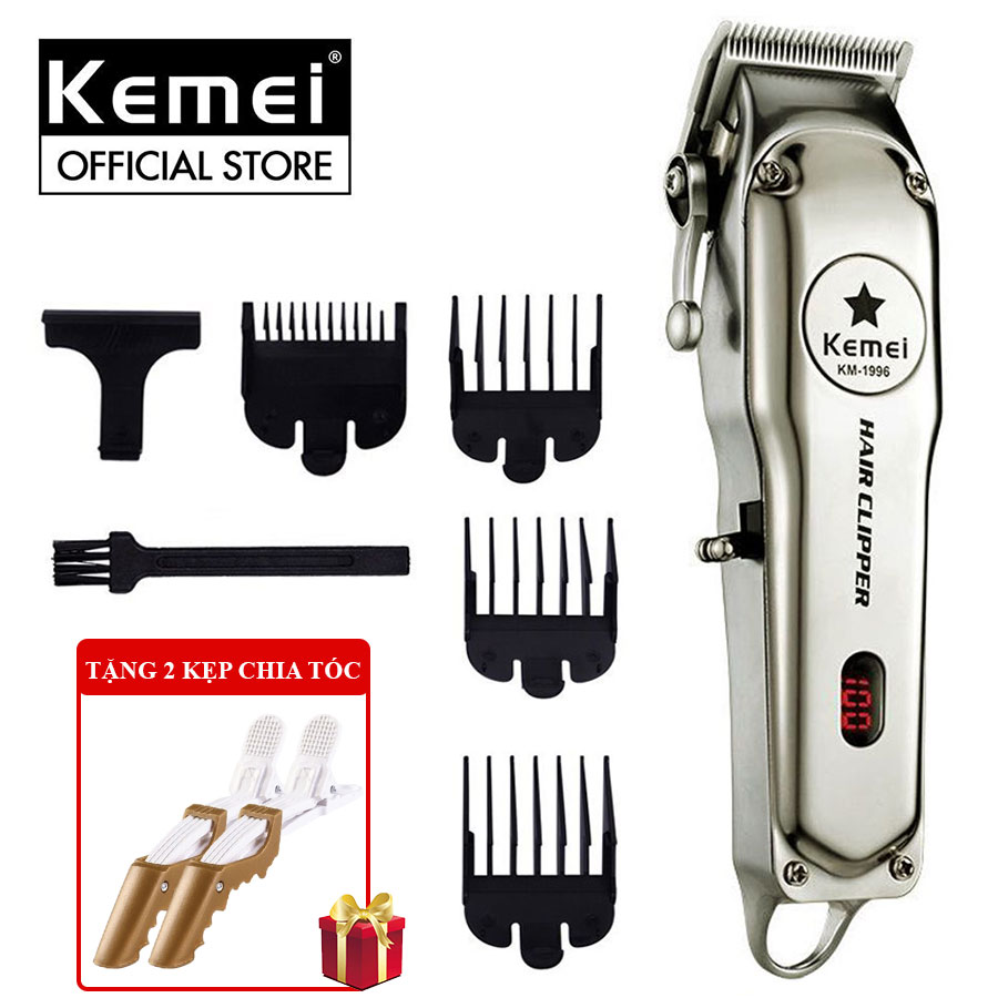 Tông đơ cắt tóc chuyên nghiệp Kemei KM-1996 có màn hình LCD hiển thị dung lượng pin có thể fade tóc cạo trắng điêu khắc tóc TẶNG kèm 1 lược chia tóc cá sấu