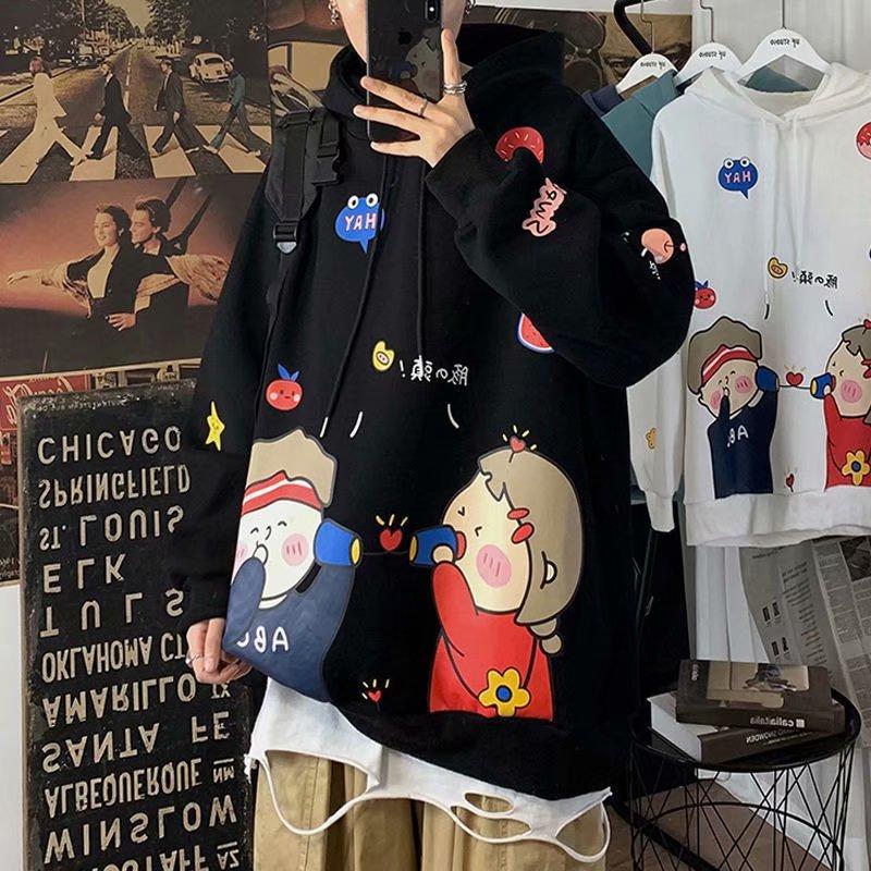Áo hoodie tay dài dáng rộng in hình hoạt hình gồm 4 màu sắc