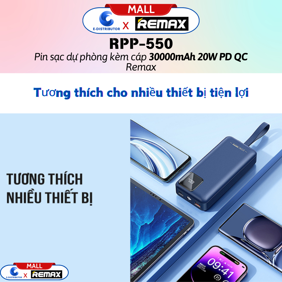 Pin sạc dự phòng kèm cáp 30000mAh 20W PD QC Remax RPP-550 - Hàng Chính Hãng - Bảo Hành 12 Tháng - 4 đầu ra, 2 đầu vào