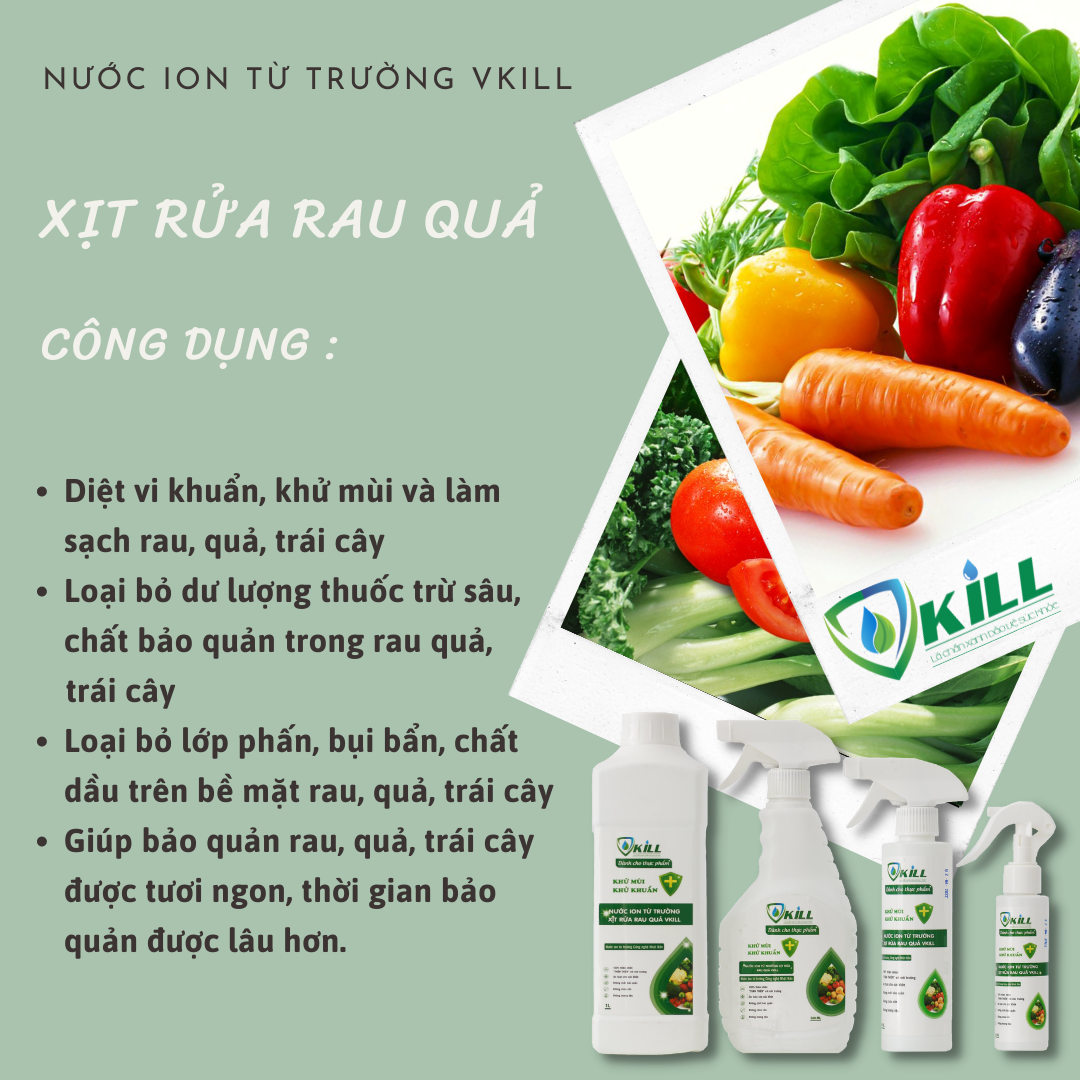 Nước ion từ trường Vkill 1L - Xịt rửa rau quả khử khuẩn thực phẩm tươi sống an toàn mang lại bữa cơm ngon, lành mạnh