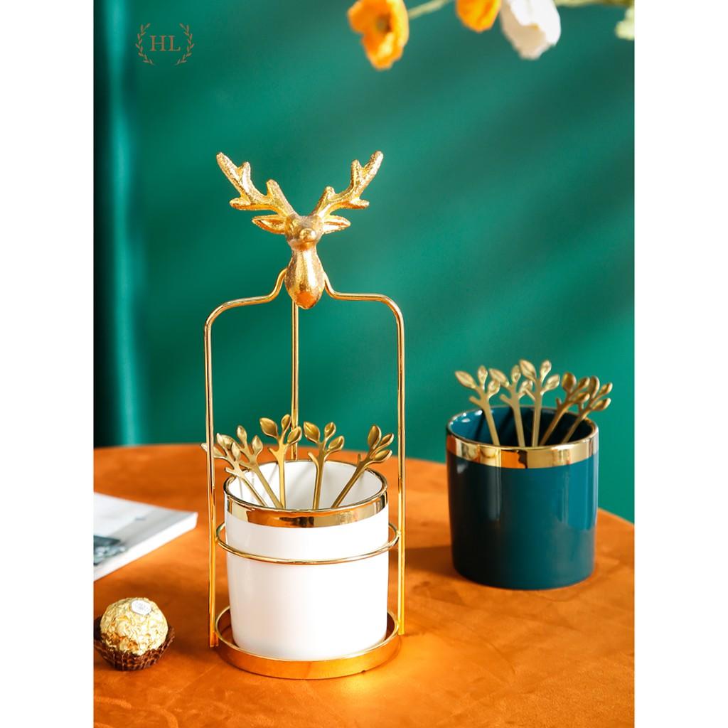 Lẵng sứ Hoàng Kim viền vàng kèm khung hợp kim đầu hươu mạ vàng | Hũ sứ viền vàng đựng thìa nĩa Decor | Lẵng Hươu