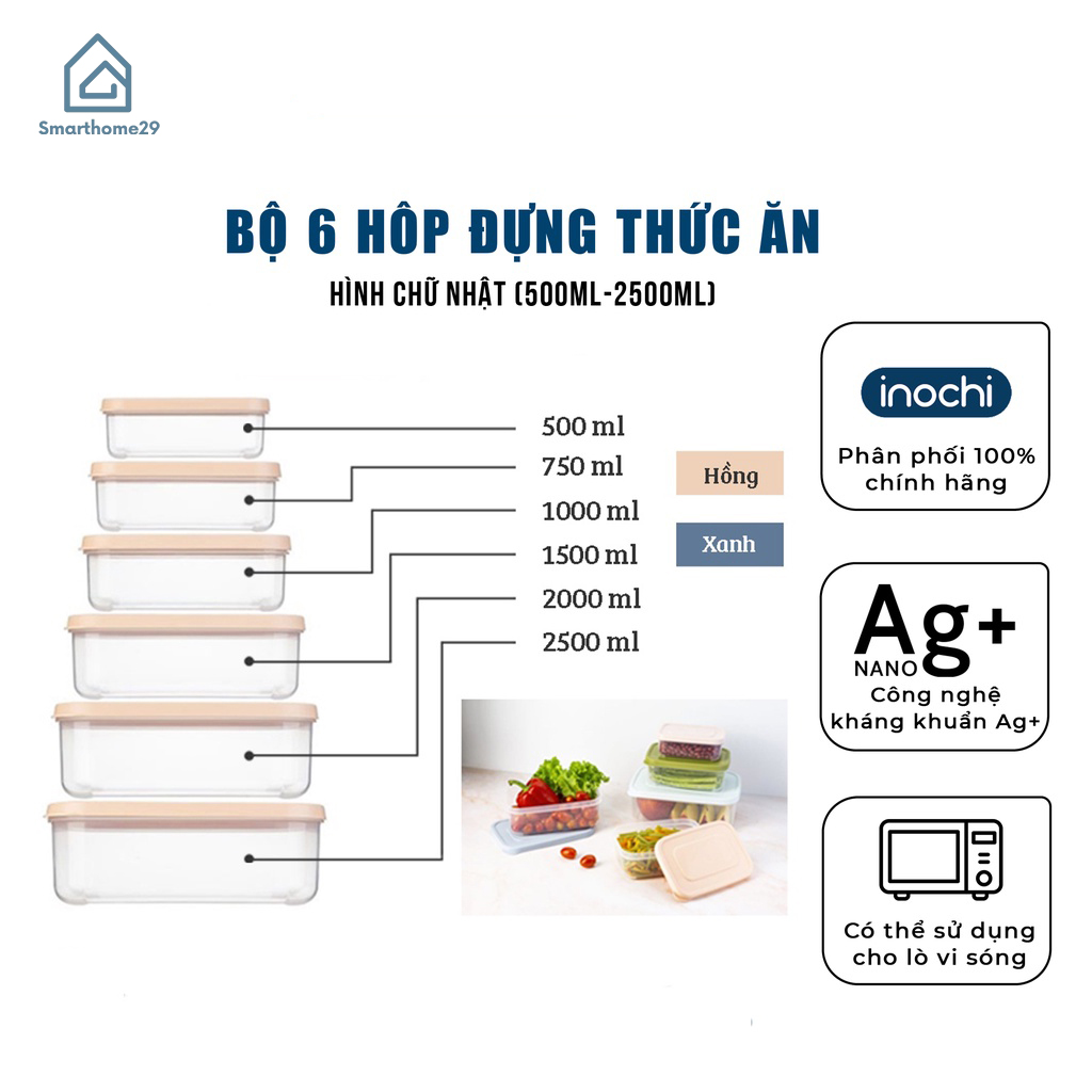 Bộ 6 hộp đựng thực phẩm chữ nhật Inochi Hokkaido (500-750-1000-1500-2000-2500ml)
