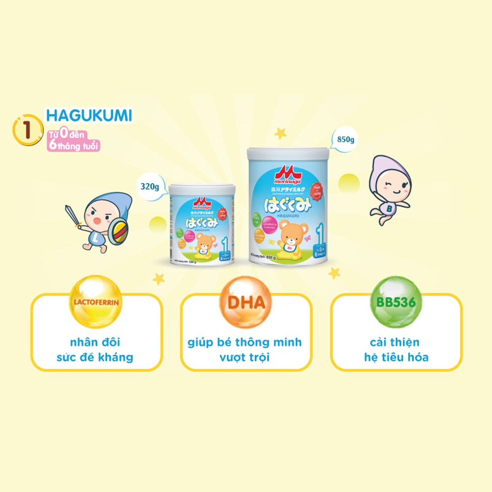 Combo 2 lon và 1 Hộp sữa Morinaga số 1 (Hagukumi) cho trẻ từ 0 - 6 tháng