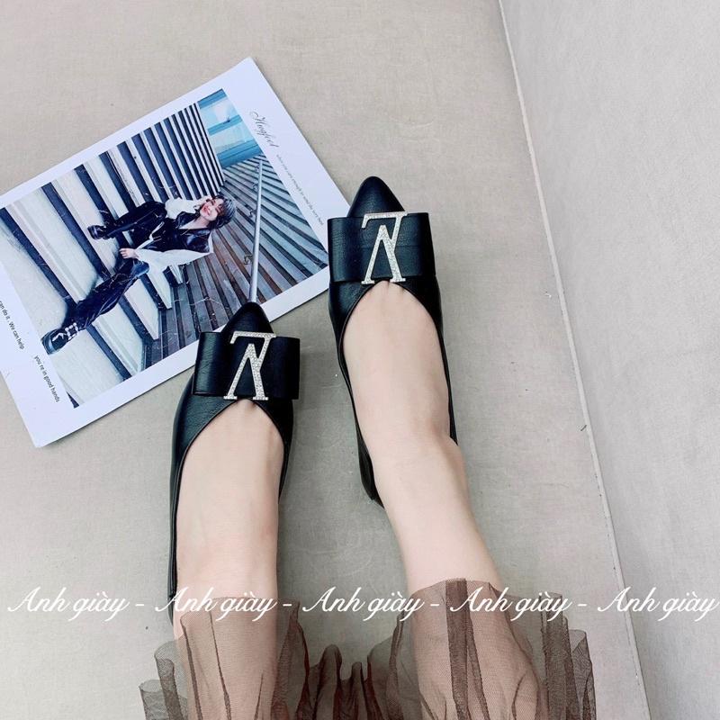 GB07 - Giày búp bê, giày bệt da lì mũi nhọn nơ ngang chữ đá đế mềm dẻo