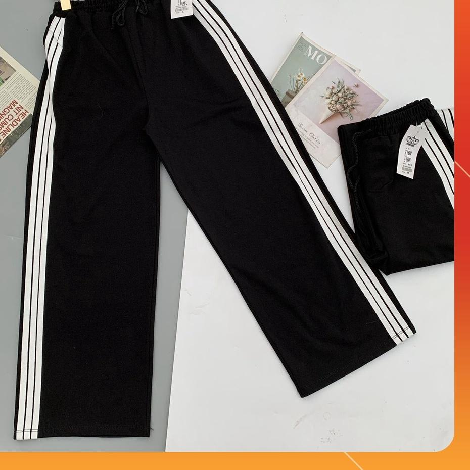 Quần thể thao 2 sọc / 3 sọc nữ ống suông rộng baggy Umi cao cấp - Quần jogger nữ 3 sọc đen dây rút học sinh