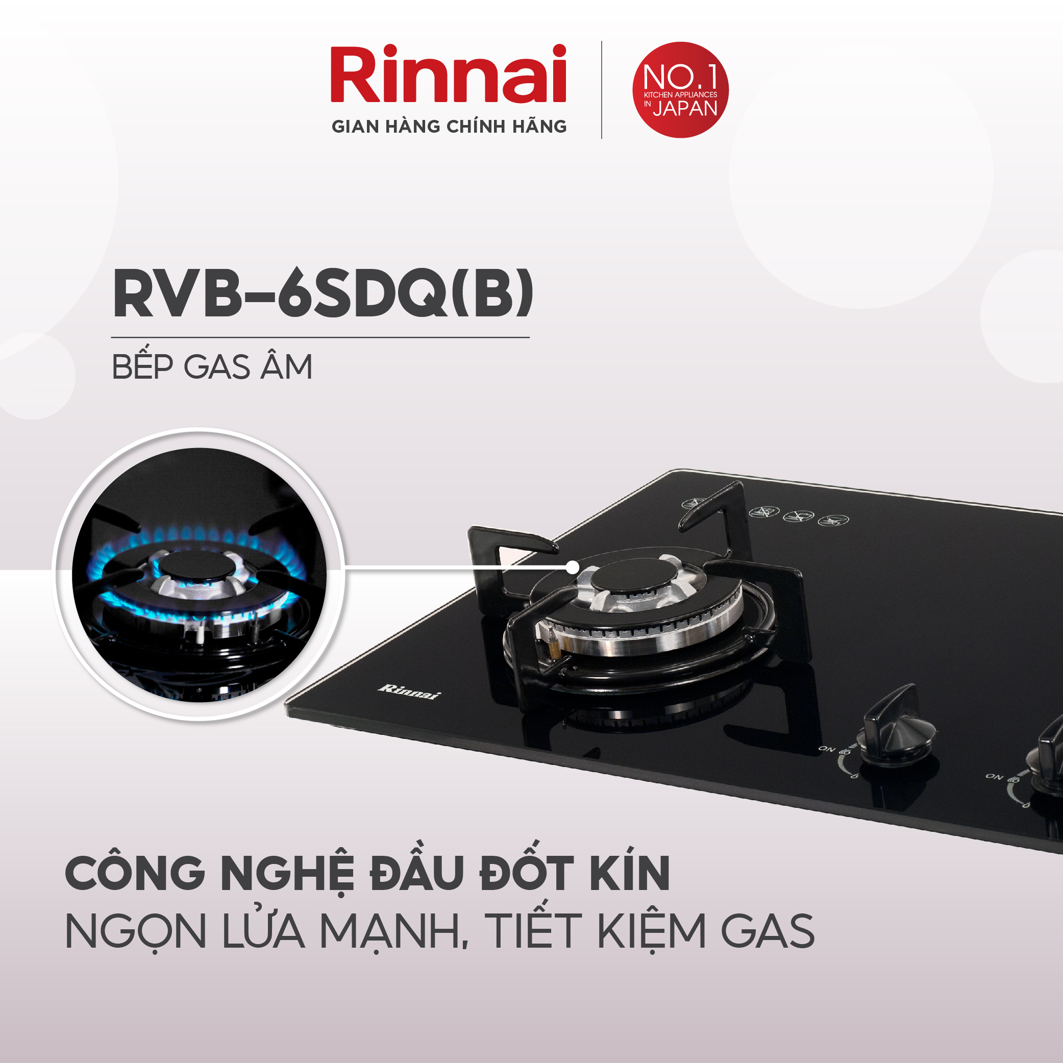 Bếp gas âm Rinnai RVB-6SDQ mặt bếp kính và kiềng bếp men - Hàng chính hãng.