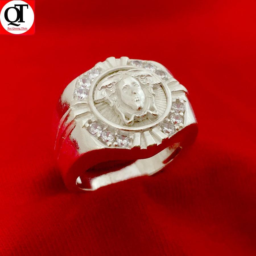 Nhẫn nam Vesac Bạc Quang Thản chất liệu bạc ta đúc nguyên chiếc gắn đá coboic trắng cao cấp - QTNA32
