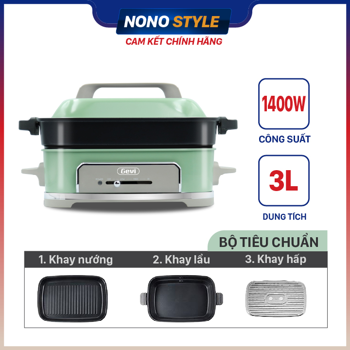 Nồi Đa Năng Cao Cấp Gevi GEMFC703-V - Có 3 khay hấp, nướng, lẩu dung tích 3L riêng biệt - Hàng Chính Hãng