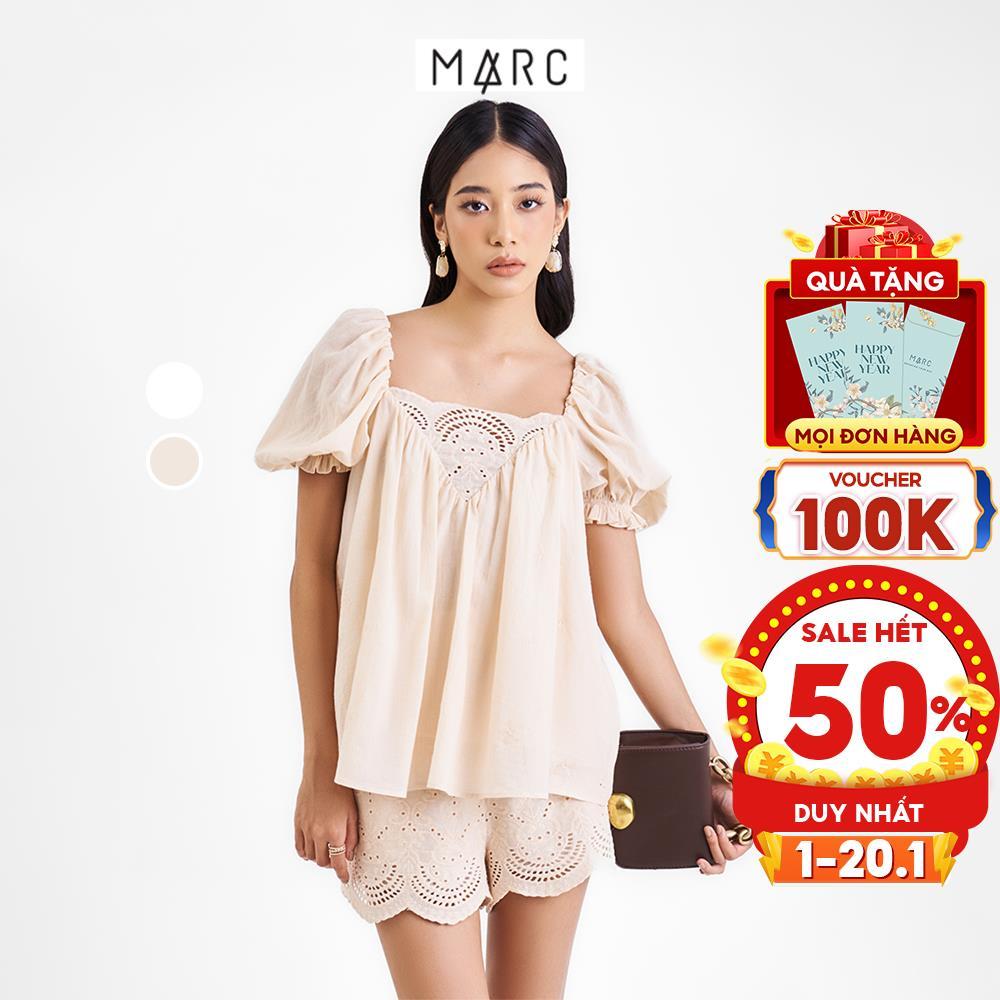 Áo kiểu nữ MARC FASHION form rộng cổ tim đắp ren tay phồng FAVH070122