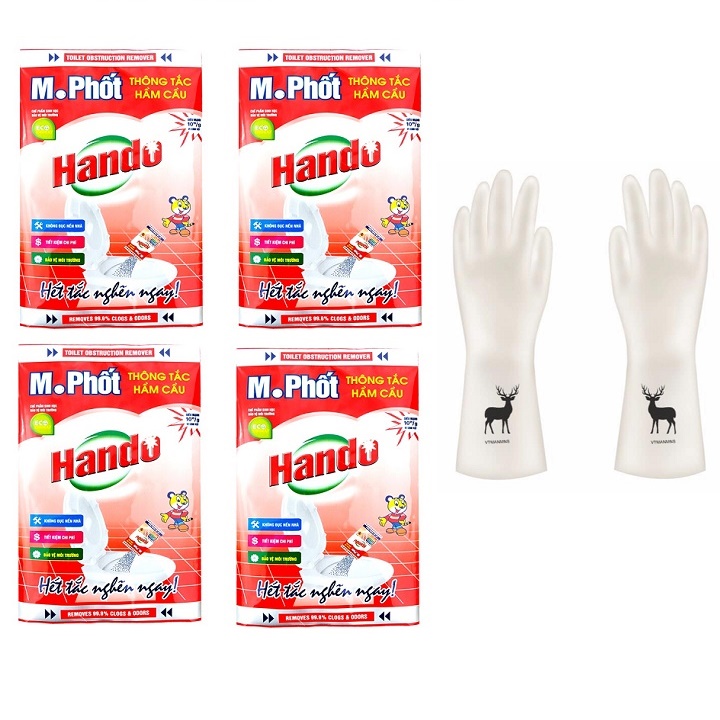 Bộ 4 gói bột thông tắc hầm cầu bể phốt 215g Hando + Tặng 1 đôi găng tay cao su siêu dai cao hươu (họa tiết ngẫu nhiên)