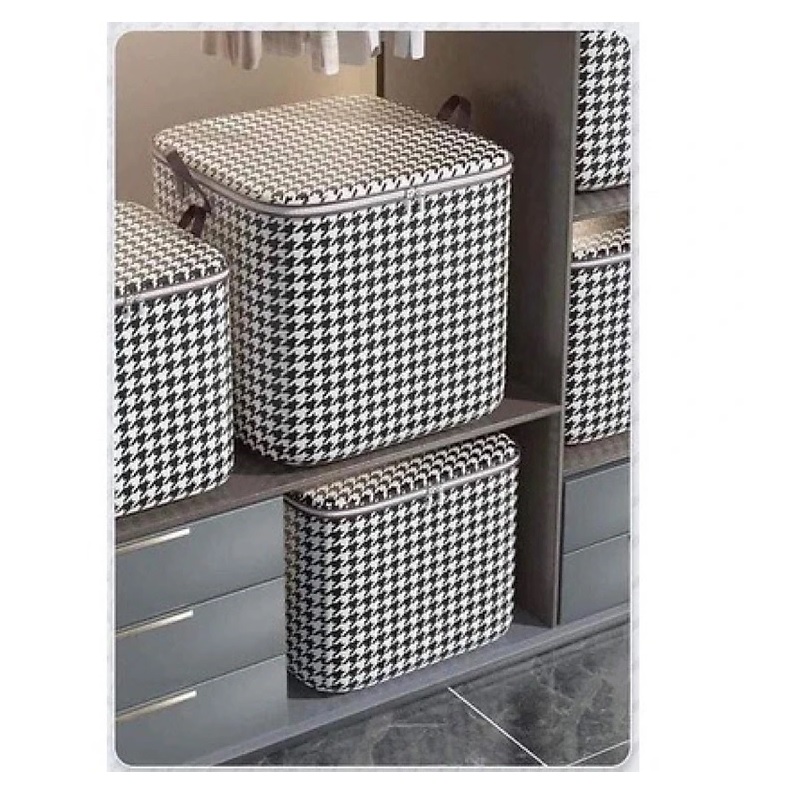 Túi đựng chăn màng quần áo caro sọc trắng đen có dây kéo tiện lợi