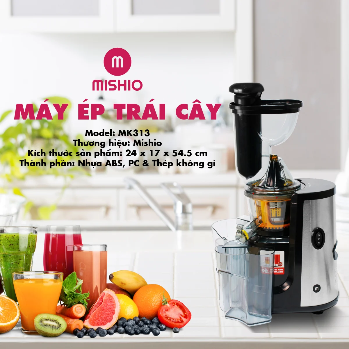 Máy Ép Trái Cây cao cấp Mishio MK313 Slowjuicer motor đồng trọng lượng máy 8.0kg