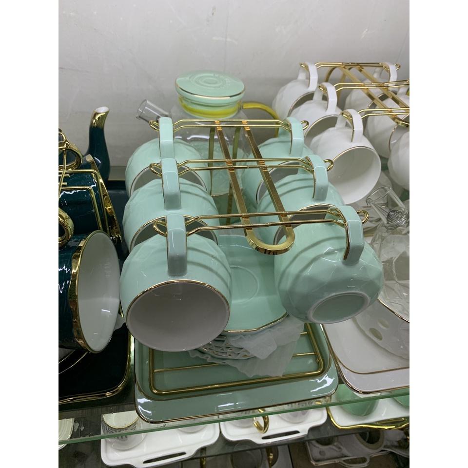 BỘ BÌNH TRÀ THỦY TINH 6 CỐC SỨ XƯƠNG CAO CẤP KÈM ĐẾ CHÂM NẾN