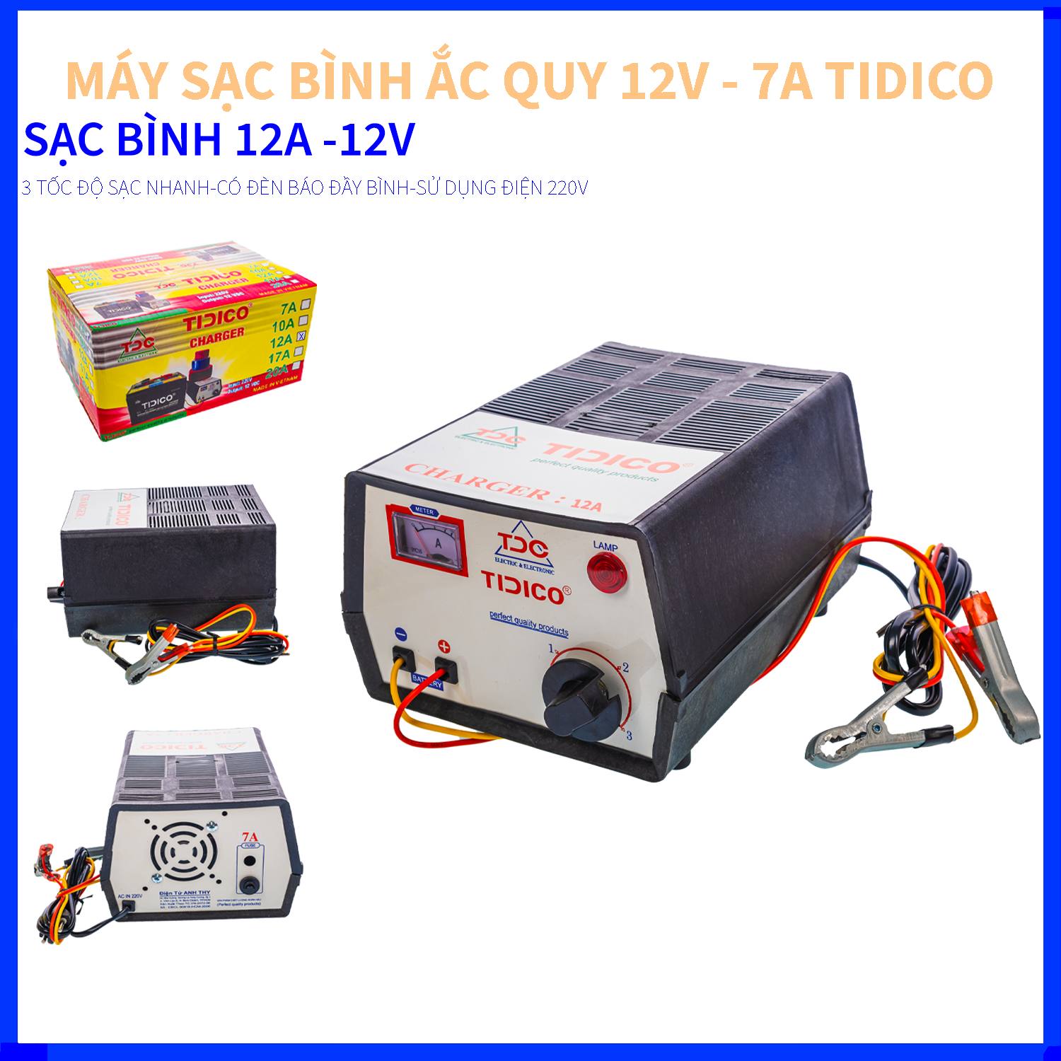 MÁY SẠC BÌNH ẮC QUY VÀ PHỤC HỒI BÌNH ẮC QUY 12V - 12A - TIDICO - 3 TỐC ĐỘ SẠC