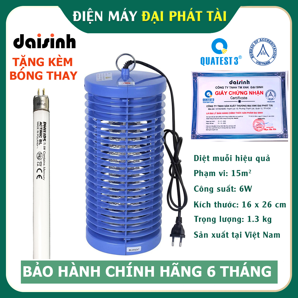 [Tặng kèm 1 bóng đèn] Đèn Diệt Muỗi, Ruồi, Thiêu Thân, Mối Cánh, Kiến Cánh, Côn Trùng Có Cánh Đại Sinh DS-D6 Phiên Bản 2022 - Hàng Chính Hãng