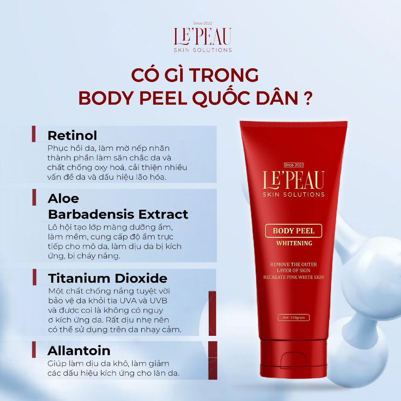 LE'PEAU Peel nách retinol, peel body trắng da mờ thâm sau 7 ngày, kem dưỡng ẩm 150ml