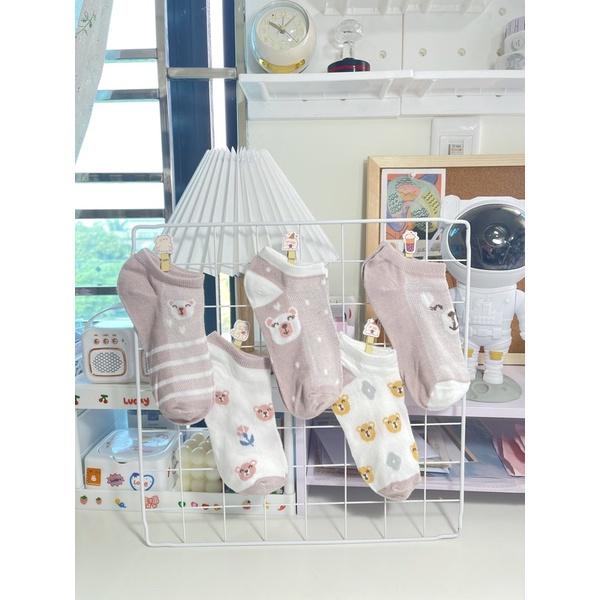 SET 10 ĐÔI TẤT VỚ CỔ THẤP NỮ COTTON HOẠ TIẾT CHÚ GẤU NÂU MÀU TÍM CUTE
