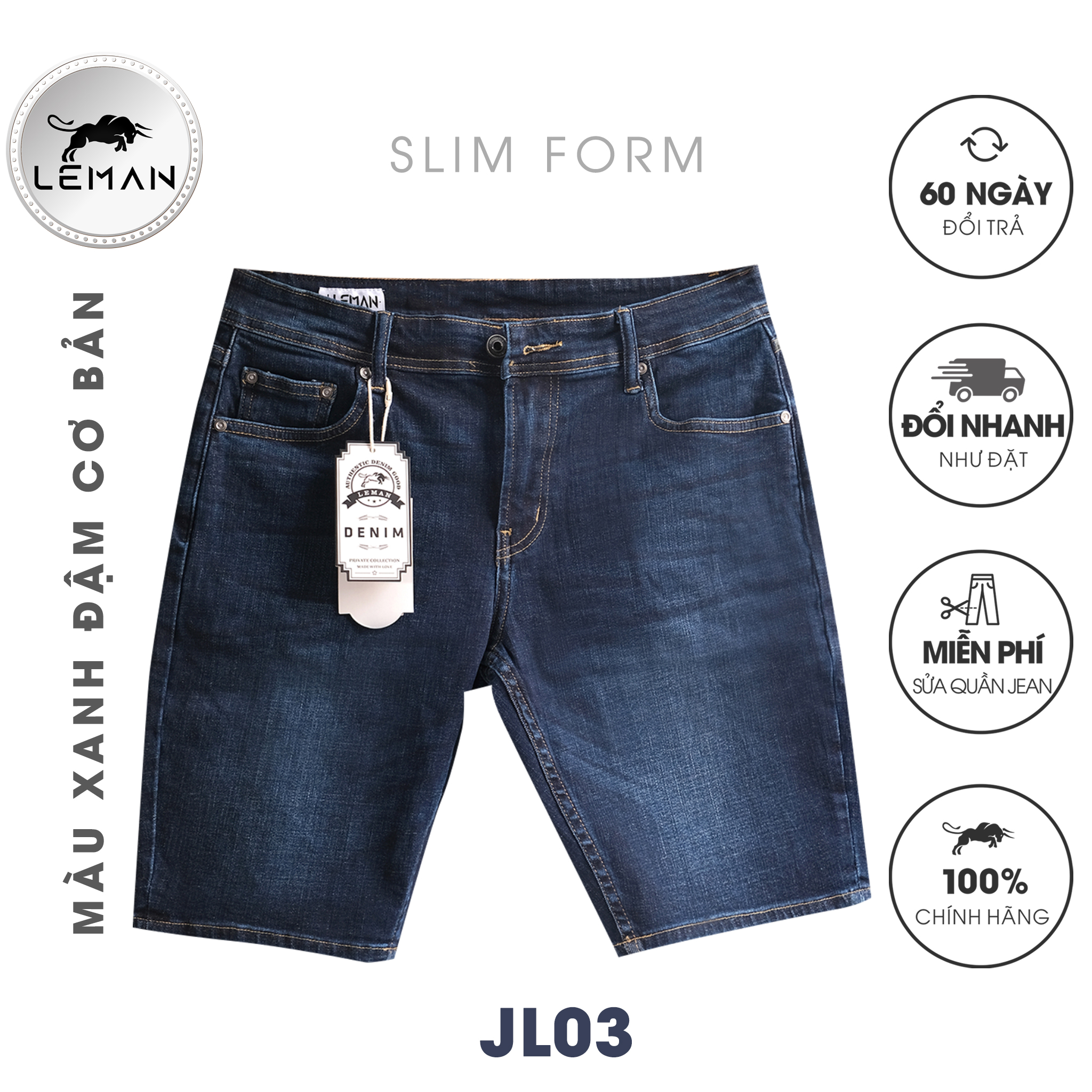 Quần Short Jean nam Leman xanh trơn JL03 - Slim Form