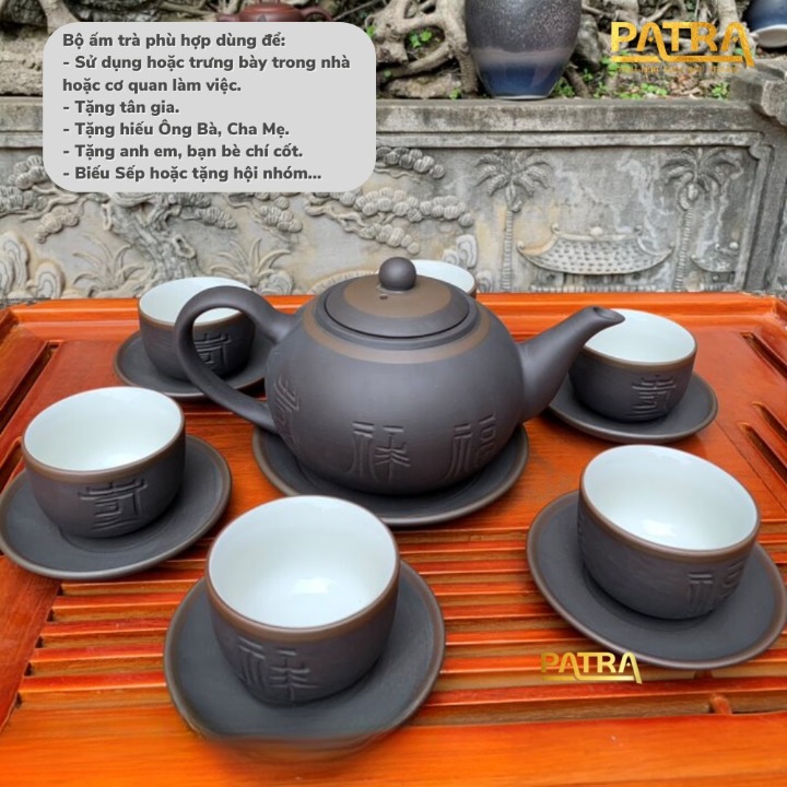 Bộ ấm chén uống trà cao cấp , bộ ấm trà Bát Tràng - trường sa phúc lộc thọ lòng chén trắng