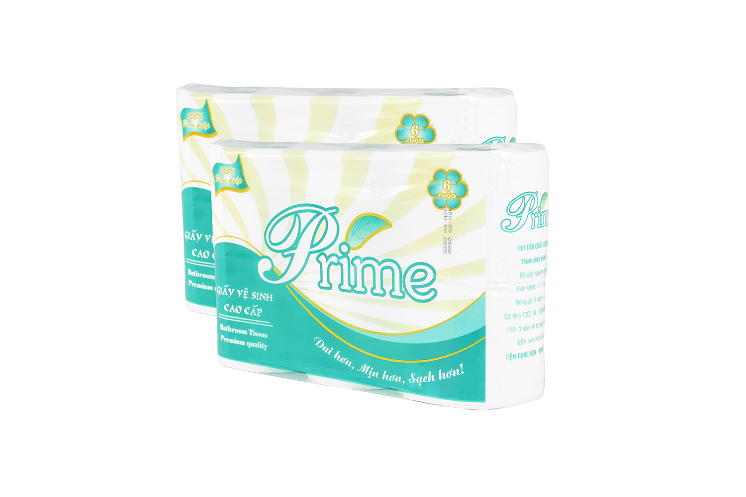 GIẤY VỆ SINH 6 CUỘN PRIME 3 LỚP CÓ LÕI - COMBO 2 DÂY MÀNG XANH