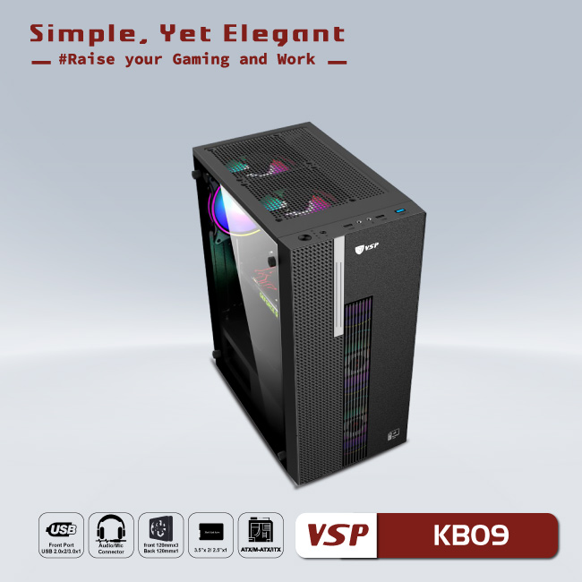 Vỏ máy tính Case VSP KB09 [ĐEN] Gaming kính cường lực (Không kèm Fan, ATX/M-ATX/ITX) - Hàng chính hãng VSP phân phối