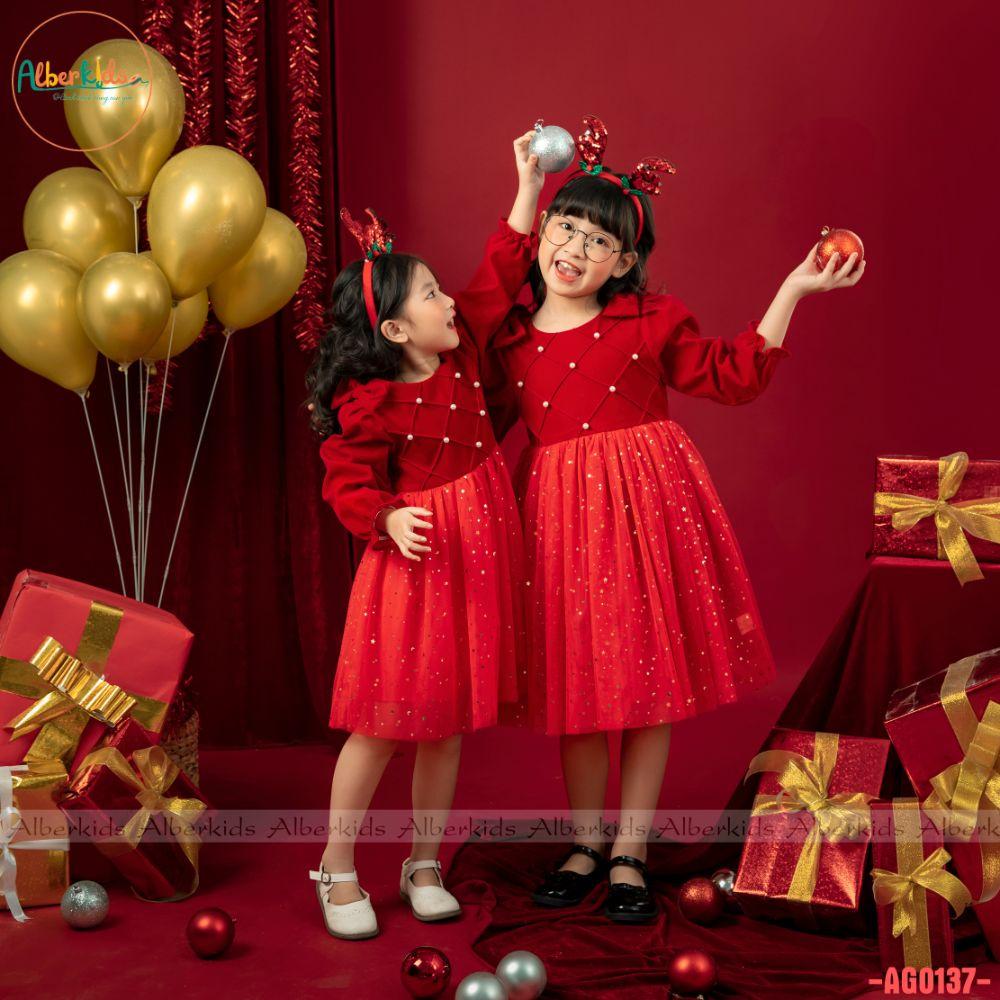 Váy bé gái ALBERKIDS công chúa đỏ đính ngọc chéo phối lưới xinh đẹp cho trẻ em 2,3,4,5,6,7,8,9,10,11,12 tuổi AG0137