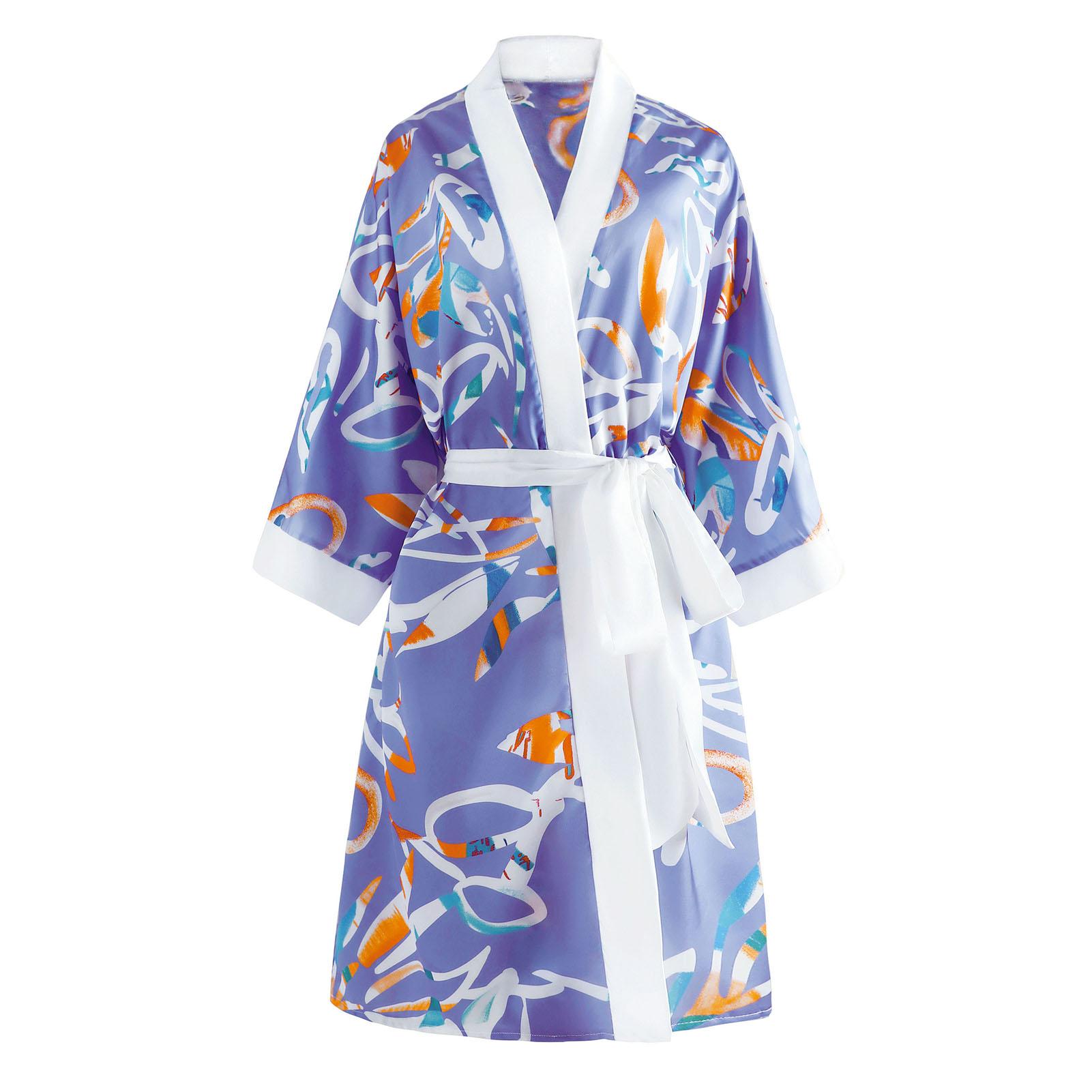 Women Night Robe Floral Satin Kimono V-neck Long Sleeve Short Pajamas Sleepwear Bathrobe