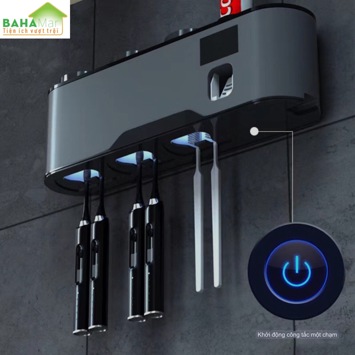 MÁY KHỬ TRÙNG CỐC VÀ BÀN CHẢI ĐÁNH RĂNG BẰNG TIA CỰC TÍM TREO TƯỜNG KHÔNG CẦN KHOAN."BAHAMAR" Có xịt thơm tự động giúp không gian luôn trong lành,
