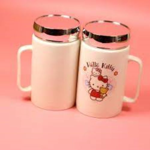 Ly sứ giữ nhiệt nắp tráng gương 400ml có tay cầm,in họa tiết ngẫu nhiên