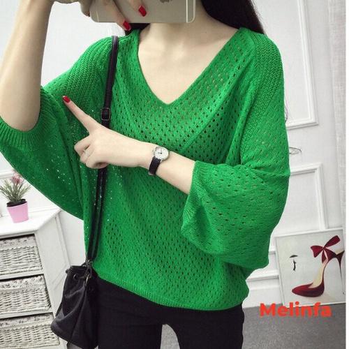 Áo len nữ mỏng cổ V cánh dơi dập lỗ len dệt kim mềm mịn co giãn mặc mùa hè mã VAA0315