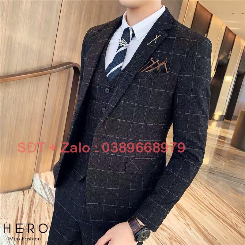 Bộ Vest Nam Cao Cấp Kẻ Caro, Bộ Suit Nam Hàn Quốc Kẻ Caro đen