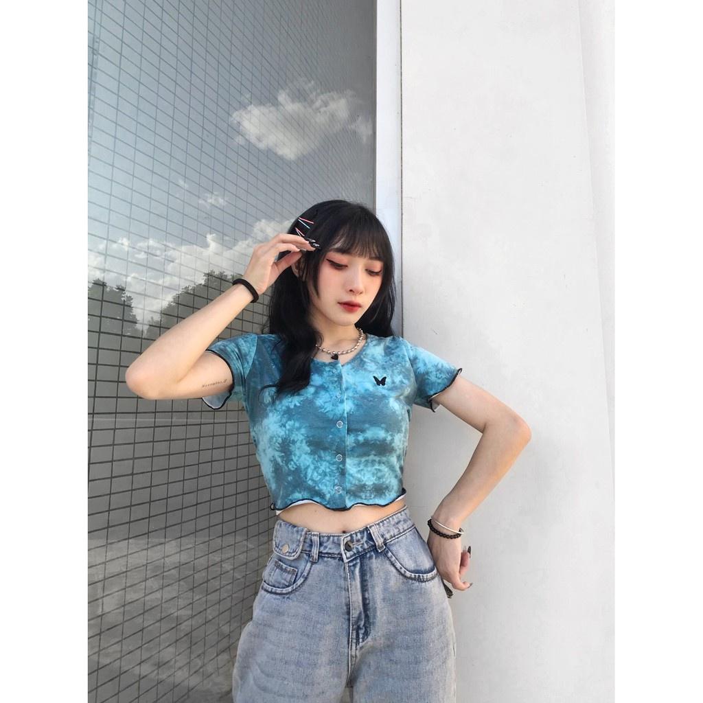 Áo Croptop Nữ Tay Ngắn Tiedye Butterfly In Loang Màu Ulzzang (Ảnh Thật