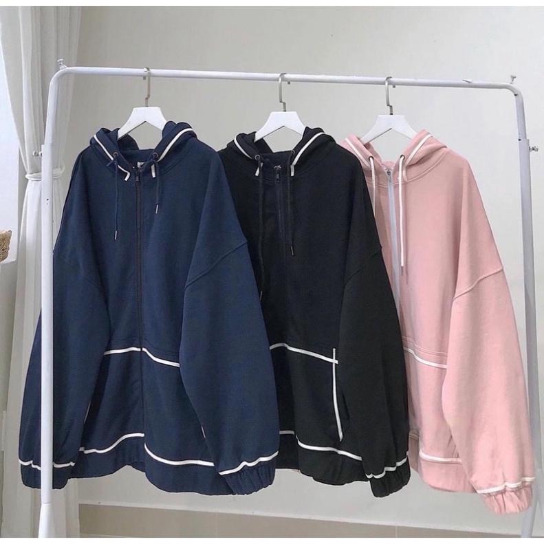 Áo Khoác Nỉ Khóa Dây Kéo Form Rộng Viền Trắng Ulzzang Unisex