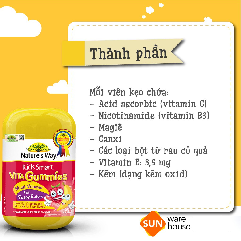 Kẹo Dẻo Cho Bé Nature's Way Kids Smart Vita Gummies Multi Vitamin For Fussy Eaters Kích Thích Ăn Ngon 60 Viên