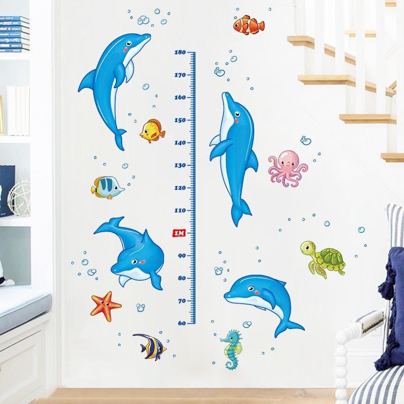 Decal dán tường đo chiều cao cá heo xanh 01