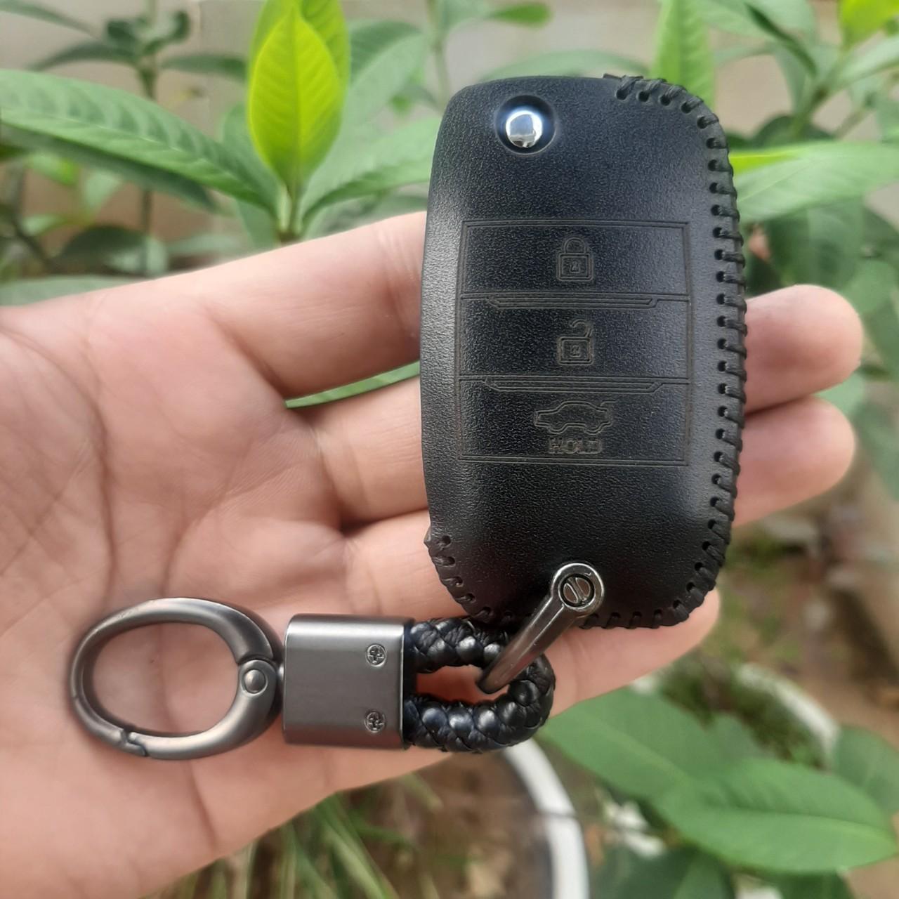 Bao Da Chìa Khóa Kia Morning Cerato, k3, Rondo, Rio, Seltos chìa gập 3 nút.Da Bò, Khắc Tên + Số ĐT