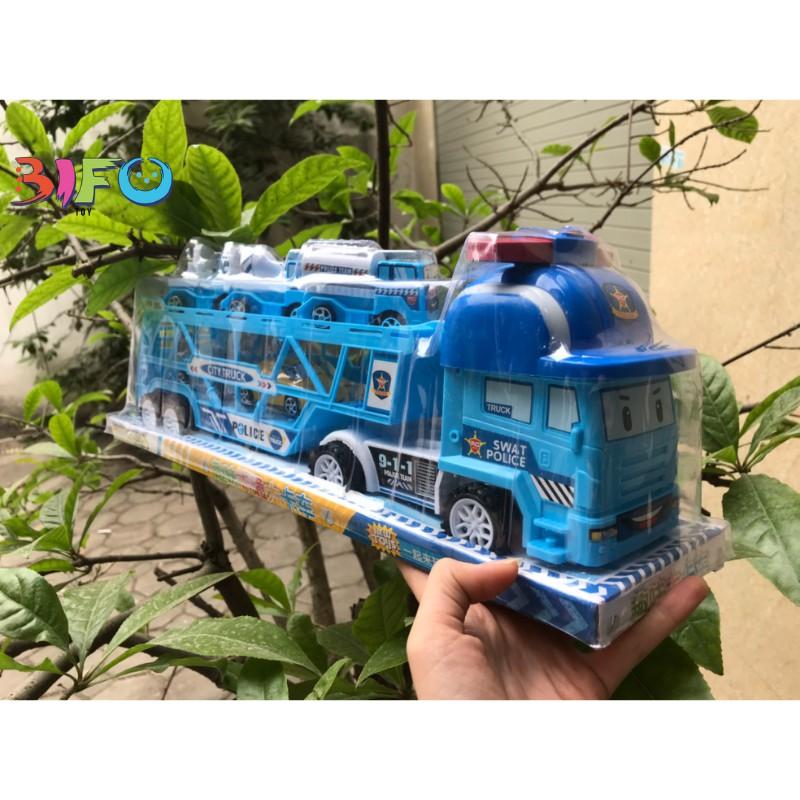 Ô tô đồ chơi xe tải đầu kéo 2 tầng hình Poli chở 5 xe mua một được 6 cho bé chơi thoải mái
