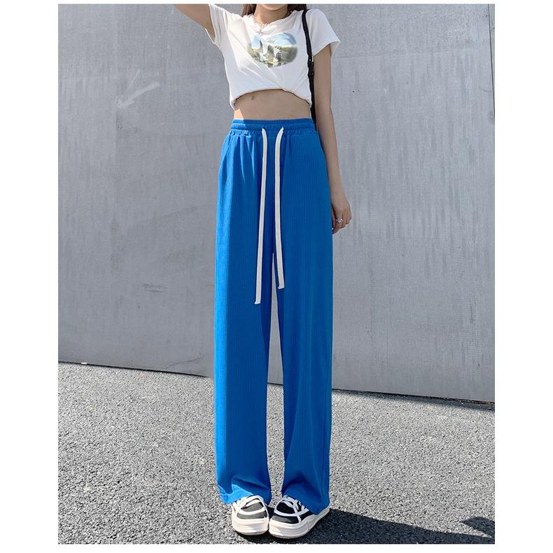 Quần ống rộng thun tăm xuất hàn lưng cao cạp chun dây rút dáng xuông dài Quần culottes ống suông co dãn vải mềm mát lạnh