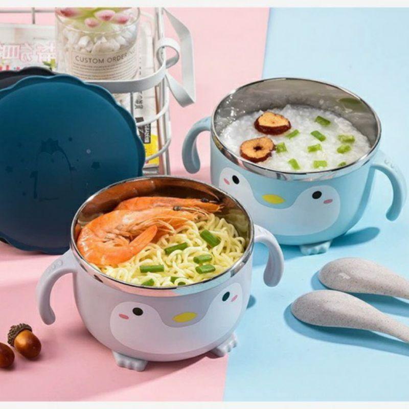 Bát Ăn Dặm Chống Nóng Lõi Inox Cao Cấp Cho Bé Bát Ăn Mì Hình Chim Cánh Cụt Tặng Thìa Shop Mẹ Bí Đỏ