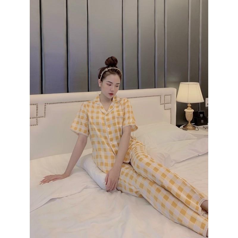 BỘ PIJAMA CHẤT ĐŨI HÀN HOẠ TIẾT KẺ Ô VIỀN REN CAO CẤP