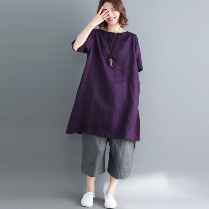 Đầm suông linen cổ tròn tay lỡ Basic, thời trang hè thu 2021