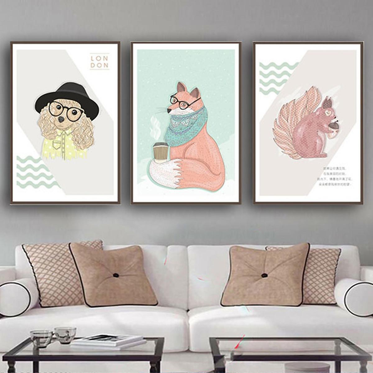 Tranh Canvas Treo Tường Hiện Đại _ Tranh Bộ 3 Động Vật Ngộ Nghĩnh