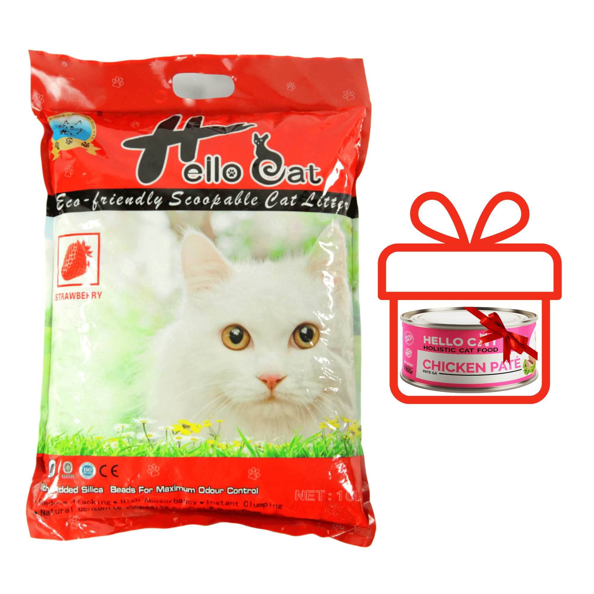 Cát Vệ Sinh Thái Lan Dành Cho Mèo Hương Dâu Không Bụi Vón Nhanh Mùi Hương Dịu Nhẹ Dễ Chịu Hello Cat Strawberry Bentonite Sand (10L/7KG) - TẶNG 1 Lon Pate Hello Cat Pate Mùi Ngẫu Nhiên 190G