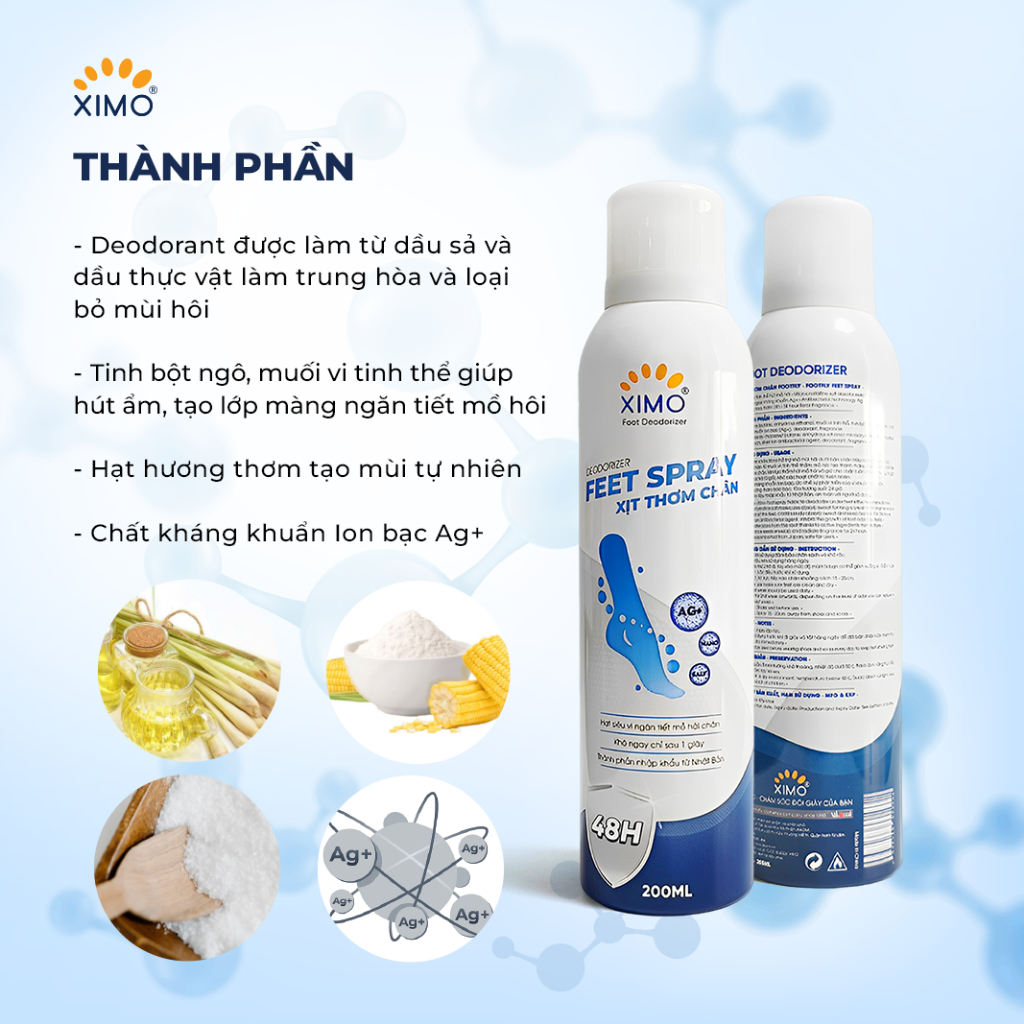 Xịt thơm chân Ximo 200ml giúp khử mùi hôi chân và khử mùi giày ngăn tiết mồ hôi và vi khuẩn gây mùi