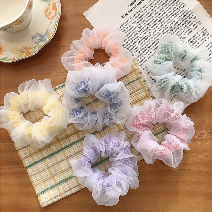 Dây buộc tóc Scrunchies 2 lớp kẻ và voan dễ thương HD97