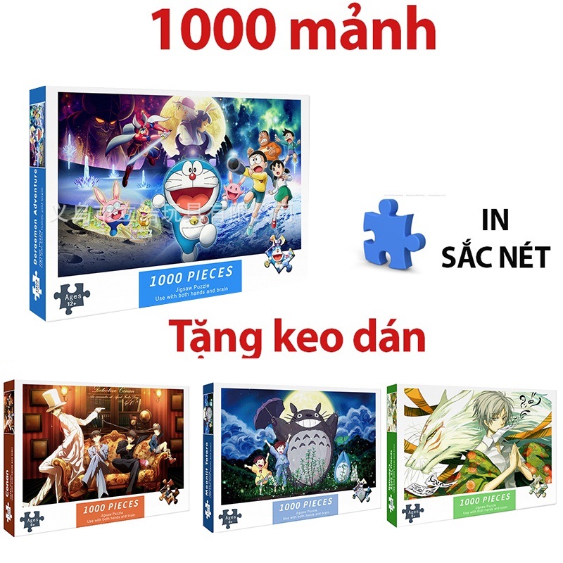 Tranh ghép hình 1000 mảnh hoạt hình doraemon, totoro, conan dành cho người lớn và trẻ em. Kích thước: 75x50 cm. Quà tặng