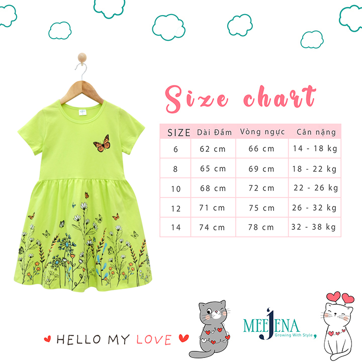 Váy Bé Gái Ngắn Tay In Hoa 100% COTTON, từ 14-34 kg MEEJENA - 2035