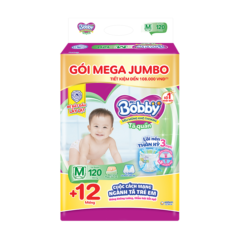 [Tặng thêm 8 miếng] Tã/bỉm quần Bobby 3mm Gạo non M112